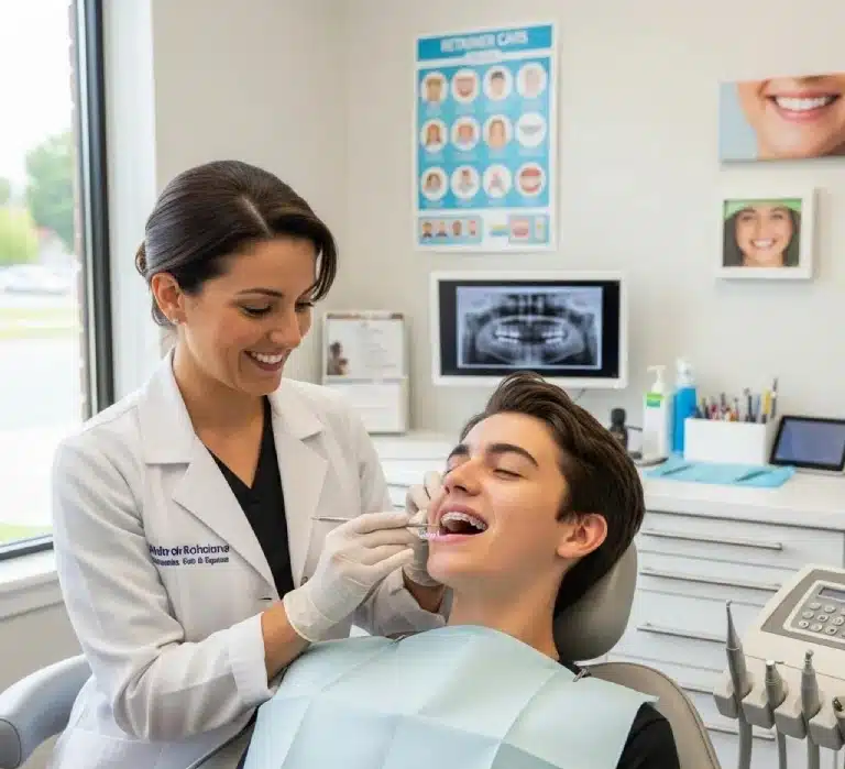Orthodontist checking retainer fit for patient during dental visit after braces treatment
